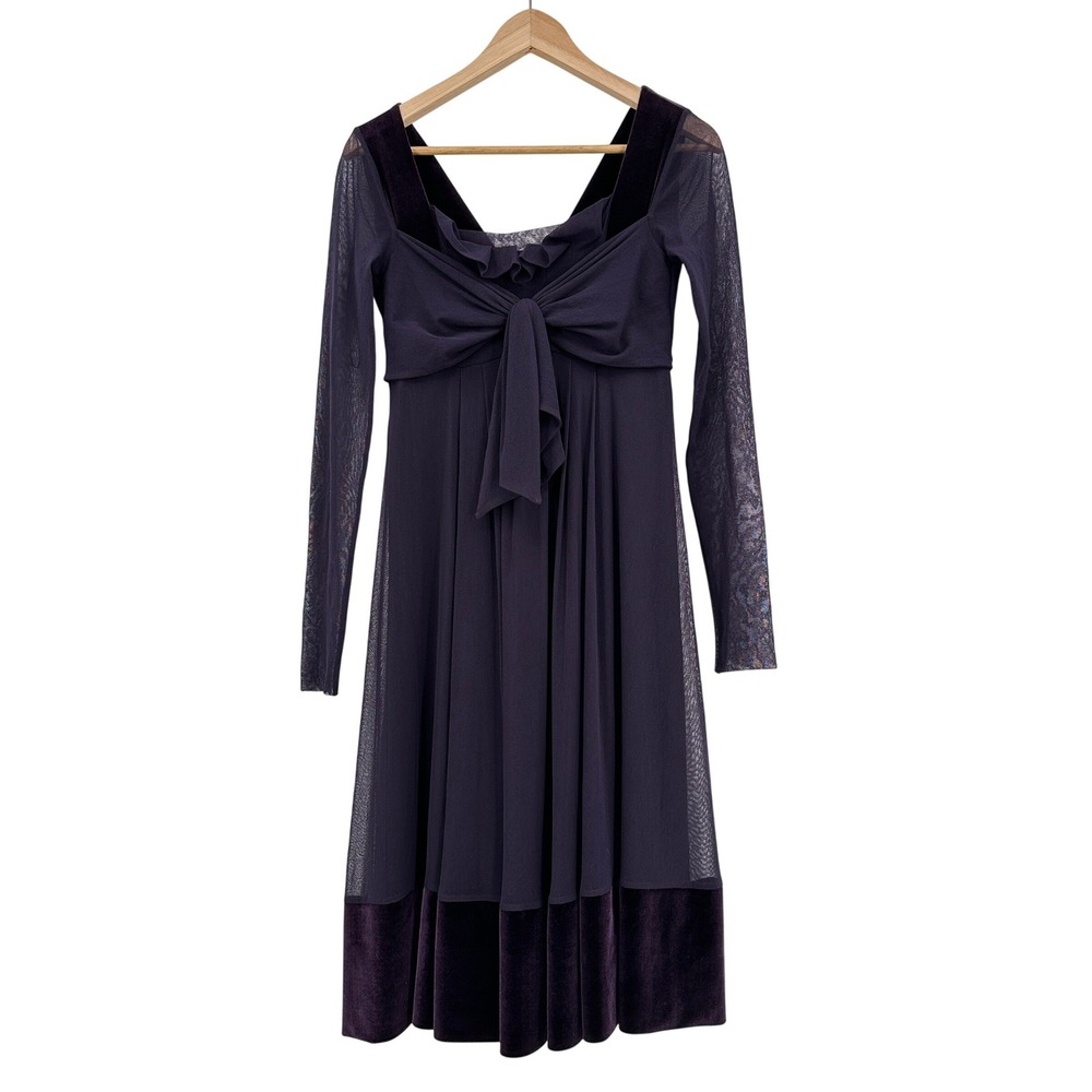 FUZZI‎ Y2K Italy Purple Mesh Velvet Trim Long Sleeve Ruffle Bow Midi Dress Small